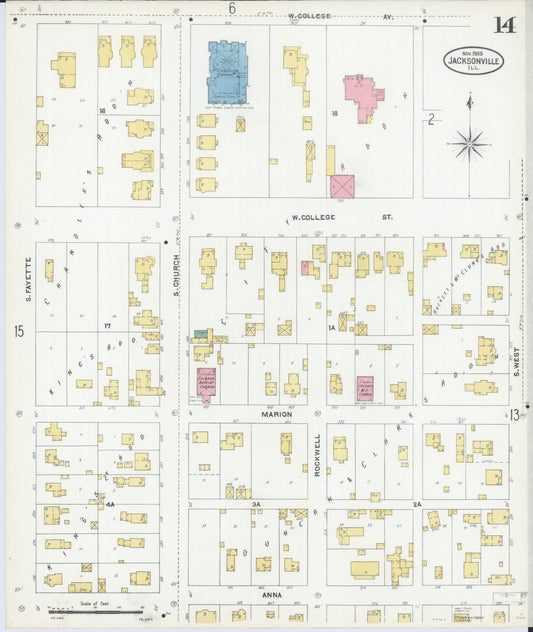 Sanborn Fire Insurance Map from Jacksonville, Morgan County, Illinois. (1905), Sheet 14 – Historic Sanborn Fire Insurance Map Print