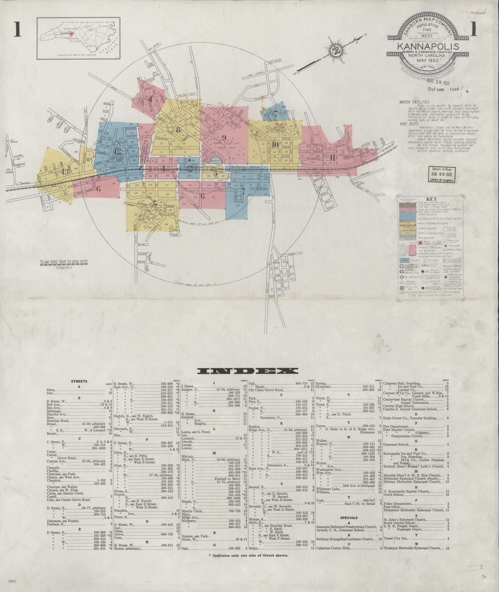 Sanborn Fire Insurance Map from Kannapolis, Rowan And Cabarrus Counties, North Carolina (1932), Sheet #0001 - Historic Sanborn Fire Insurance Map Print, vintage old map wall art, antique decor, genealogy gift, North Carolina North Carolina map