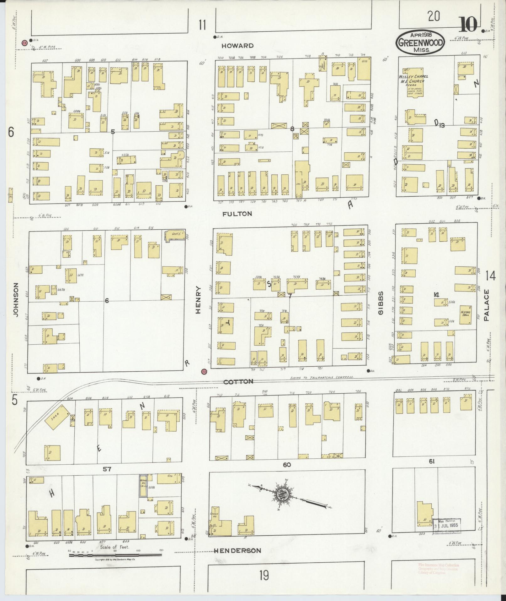 Sanborn Fire Insurance Map from Greenwood, Leflore County, Mississippi (1918), Sheet #0010 - Complete Map Set gallery image, historic Sanborn map, vintage wall art, Mississippi Mississippi