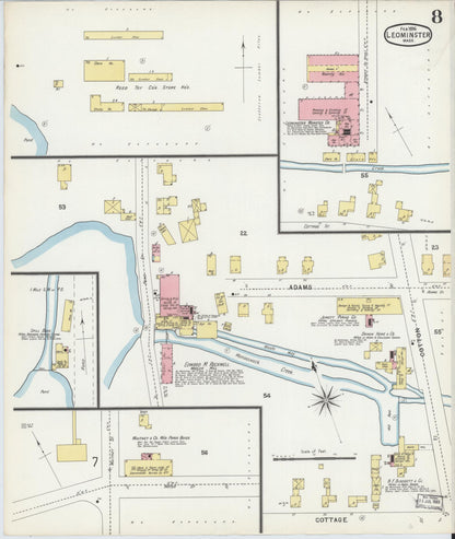 Sanborn Fire Insurance Map from Leominster, Worcester County, Massachusetts (1896), Sheet #0008 - Historic Sanborn Fire Insurance Map Print, vintage old map wall art, antique decor, genealogy gift, Massachusetts Massachusetts map