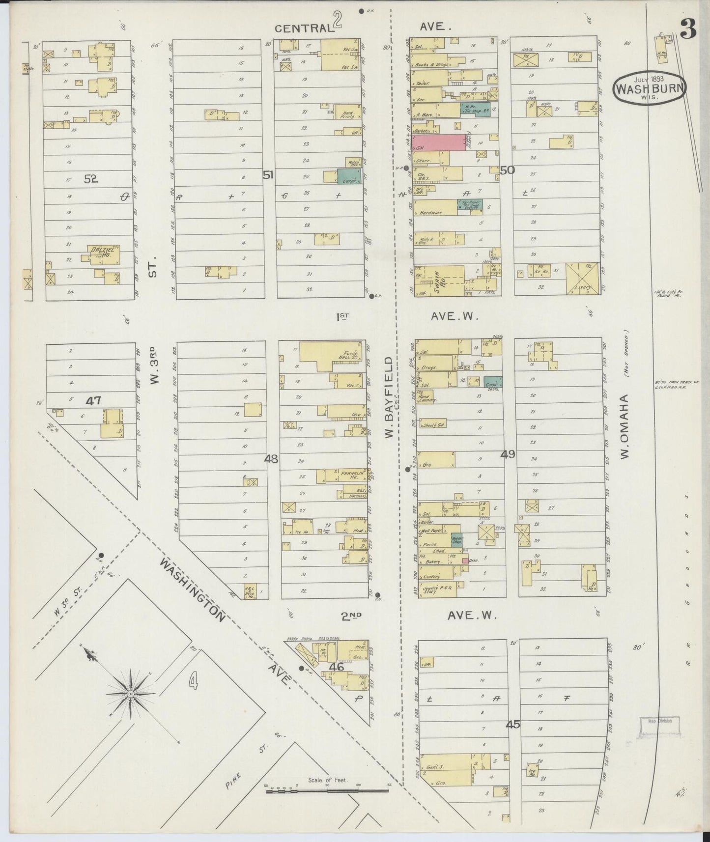 Sanborn Fire Insurance Map from Washburn, Bayfield County, Wisconsin (1893), Sheet #0003 - Historic Sanborn Fire Insurance Map Print, vintage old map wall art, antique decor, genealogy gift, Wisconsin Wisconsin map