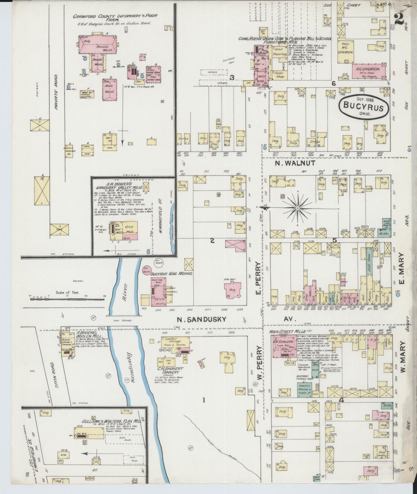 Sanborn Fire Insurance Map from Bucyrus, Crawford County, Ohio (1888), Sheet #0002 - Historic Sanborn Fire Insurance Map Print, vintage old map wall art, antique decor, genealogy gift, Ohio Ohio map