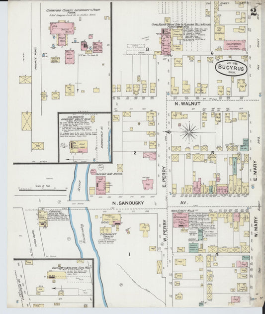 Sanborn Fire Insurance Map from Bucyrus, Crawford County, Ohio (1888), Sheet #0002 - Historic Sanborn Fire Insurance Map Print, vintage old map wall art, antique decor, genealogy gift, Ohio Ohio map