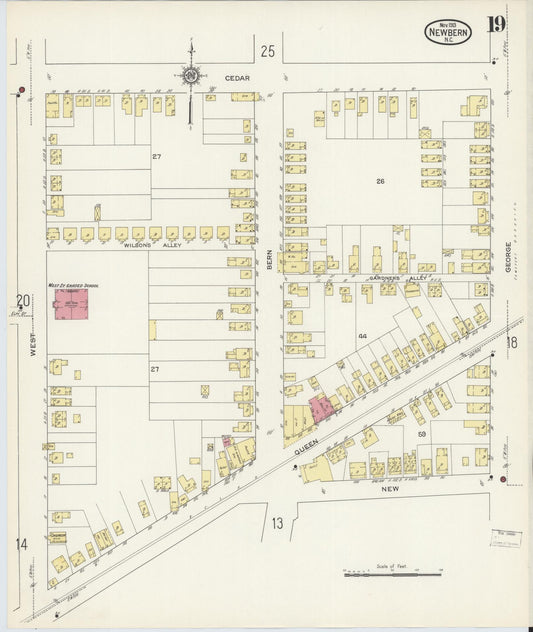 Sanborn Fire Insurance Map from New Bern, Craven County, North Carolina (1913), Sheet #0019 - Historic Sanborn Fire Insurance Map Print, vintage old map wall art, antique decor, genealogy gift, North Carolina North Carolina map