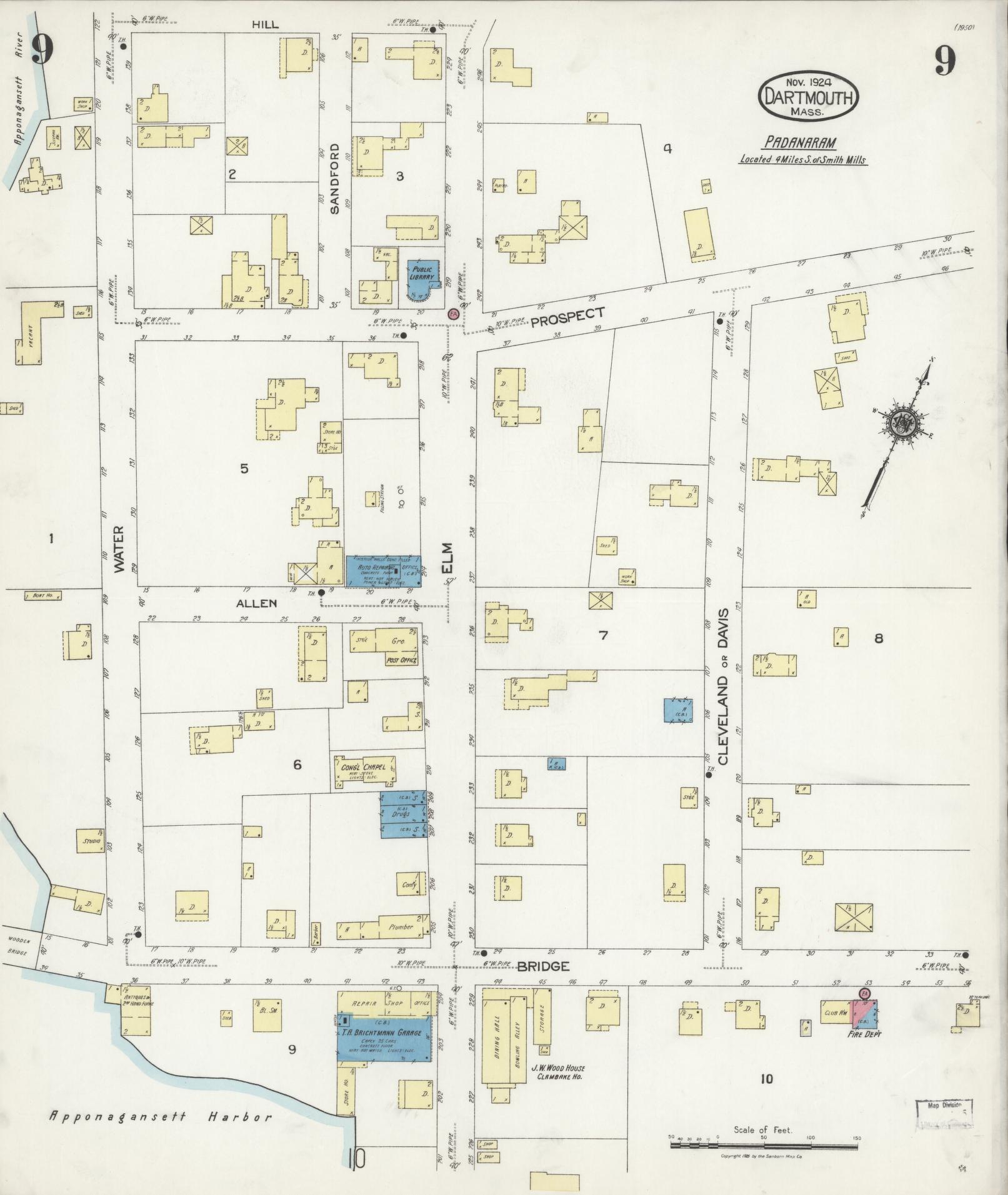 Sanborn Fire Insurance Map from Dartmouth, Bristol County, Massachusetts (1924), Sheet #0009 - Historic Sanborn Fire Insurance Map Print, vintage old map wall art, antique decor, genealogy gift, Massachusetts Massachusetts map