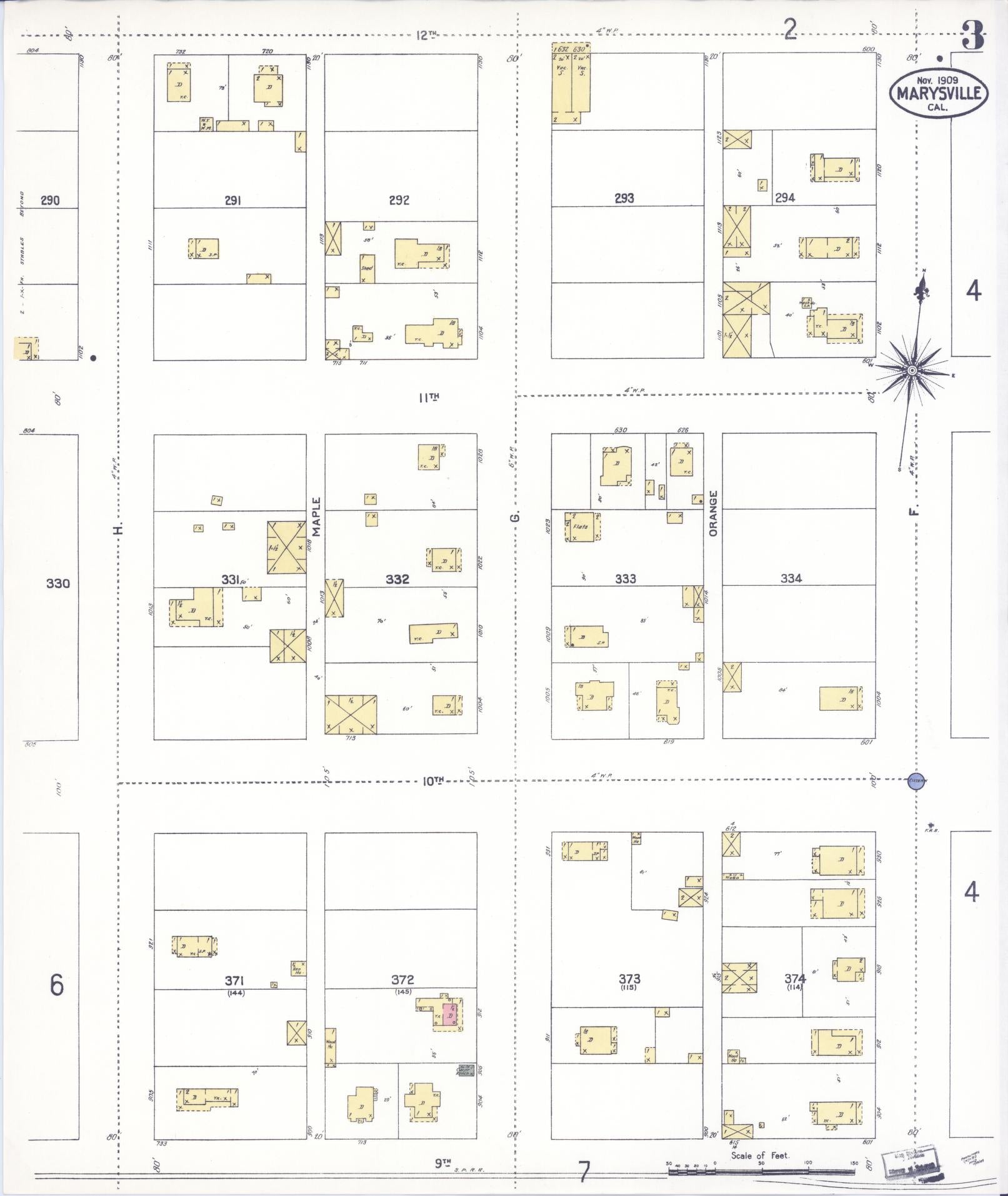 Sanborn Fire Insurance Map from Marysville, Yuba County, California (1909), Sheet #0003 - Historic Sanborn Fire Insurance Map Print, vintage old map wall art, antique decor, genealogy gift, California California map