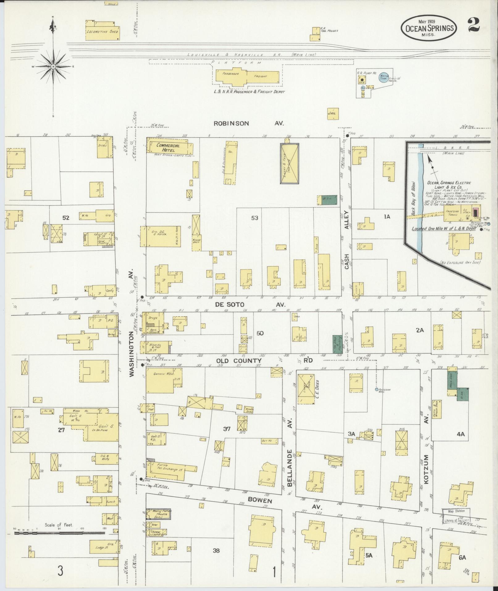 Sanborn Fire Insurance Map from Ocean Springs, Jackson County, Mississippi (1909), Sheet #0002 - Historic Sanborn Fire Insurance Map Print, vintage old map wall art, antique decor, genealogy gift, Mississippi Mississippi map