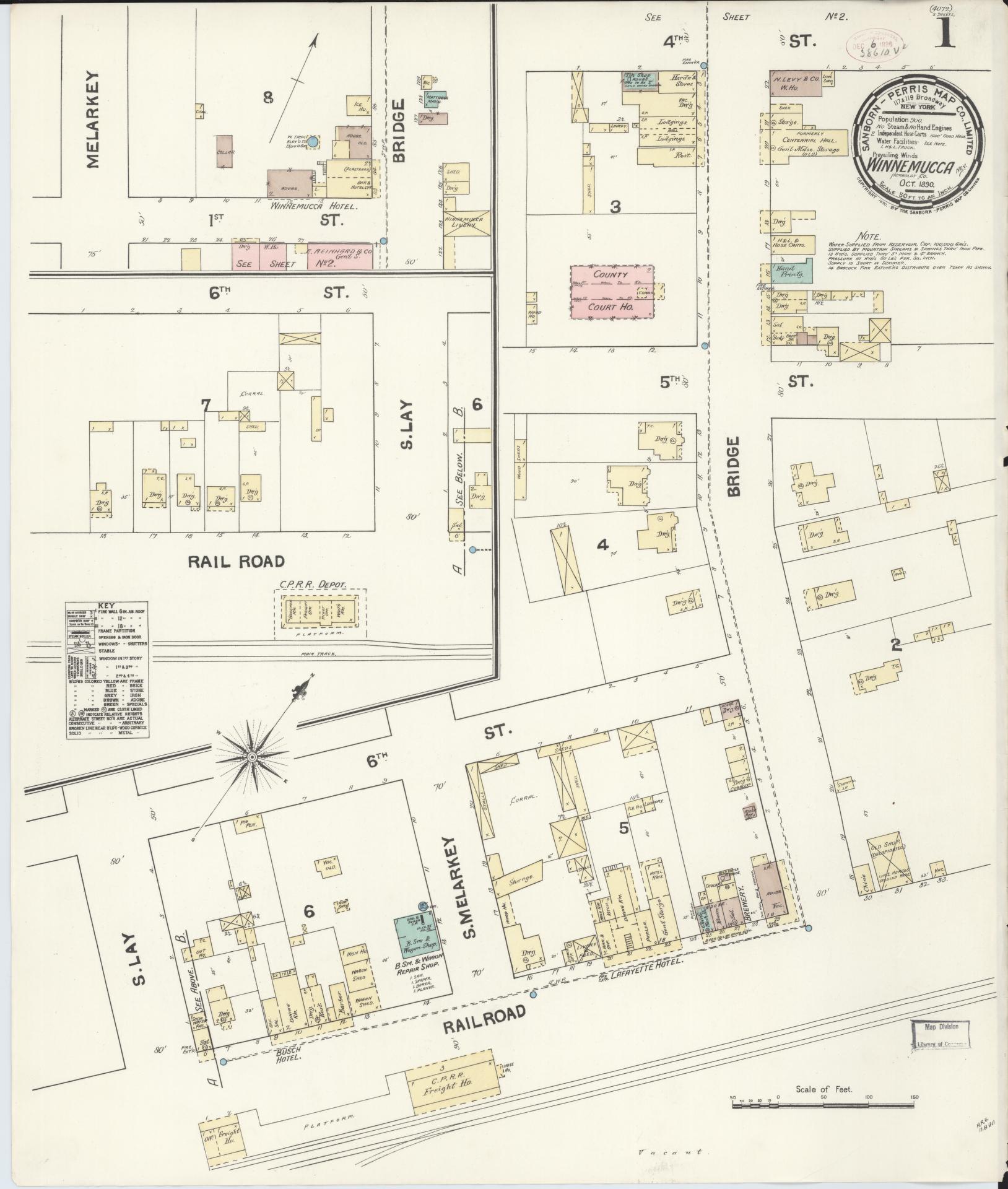 Sanborn Fire Insurance Map from Winnemucca, Humboldt County, Nevada (1890), Sheet #0001 - Historic Sanborn Fire Insurance Map Print, vintage old map wall art, antique decor, genealogy gift, Nevada Nevada map