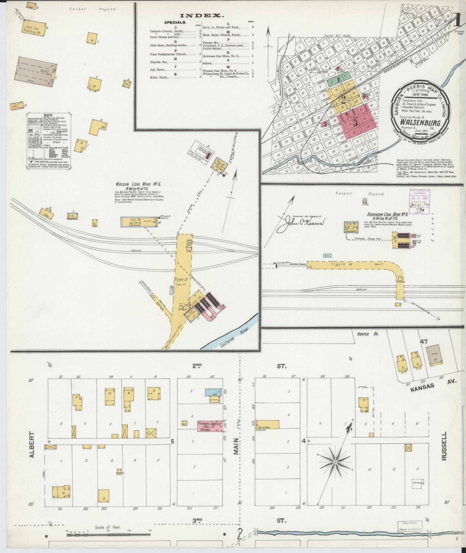 Sanborn Fire Insurance Map from Walsenburg, Huerfano County, Colorado (1901), Sheet #0001 - Historic Sanborn Fire Insurance Map Print, vintage old map wall art, antique decor, genealogy gift, Colorado Colorado map