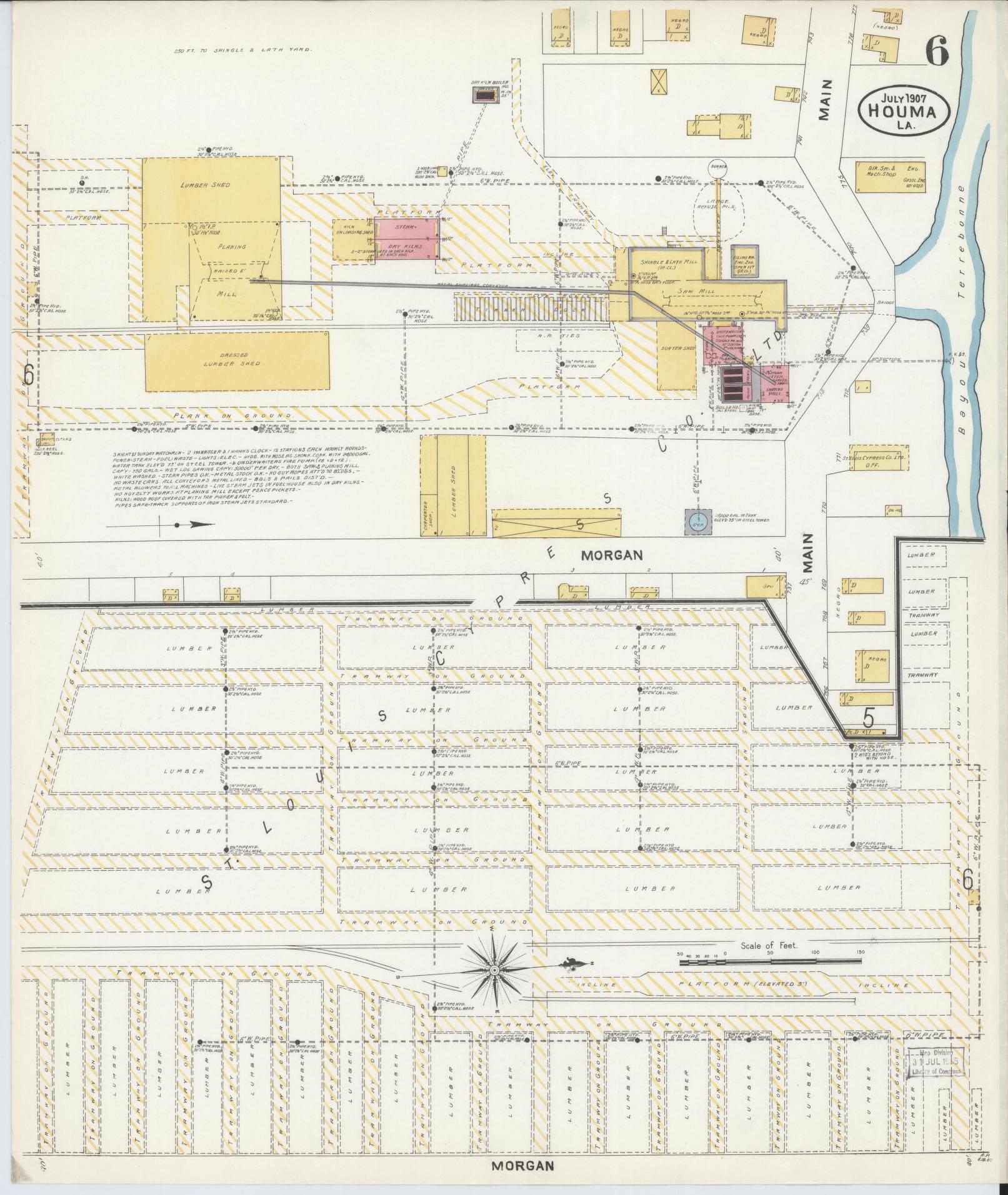 Sanborn Fire Insurance Map from Houma, Terrebonne Parish, Louisiana (1907), Sheet #0006 - Historic Sanborn Fire Insurance Map Print, vintage old map wall art, antique decor, genealogy gift, Louisiana Louisiana map