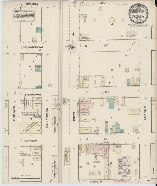 Sanborn Fire Insurance Map from Biggs, Butte County, California (1884), Sheet #0001 - Historic Sanborn Fire Insurance Map Print, vintage old map wall art, antique decor, genealogy gift, California California map