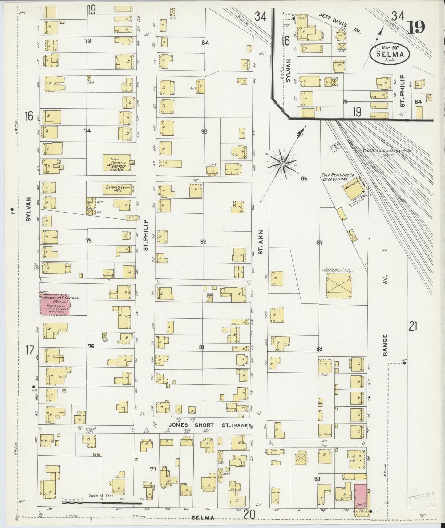 Sanborn Fire Insurance Map from Selma, Dallas County, Alabama (1907), Sheet #0019 - Complete Map Set gallery image, historic Sanborn map, vintage wall art, Alabama Alabama