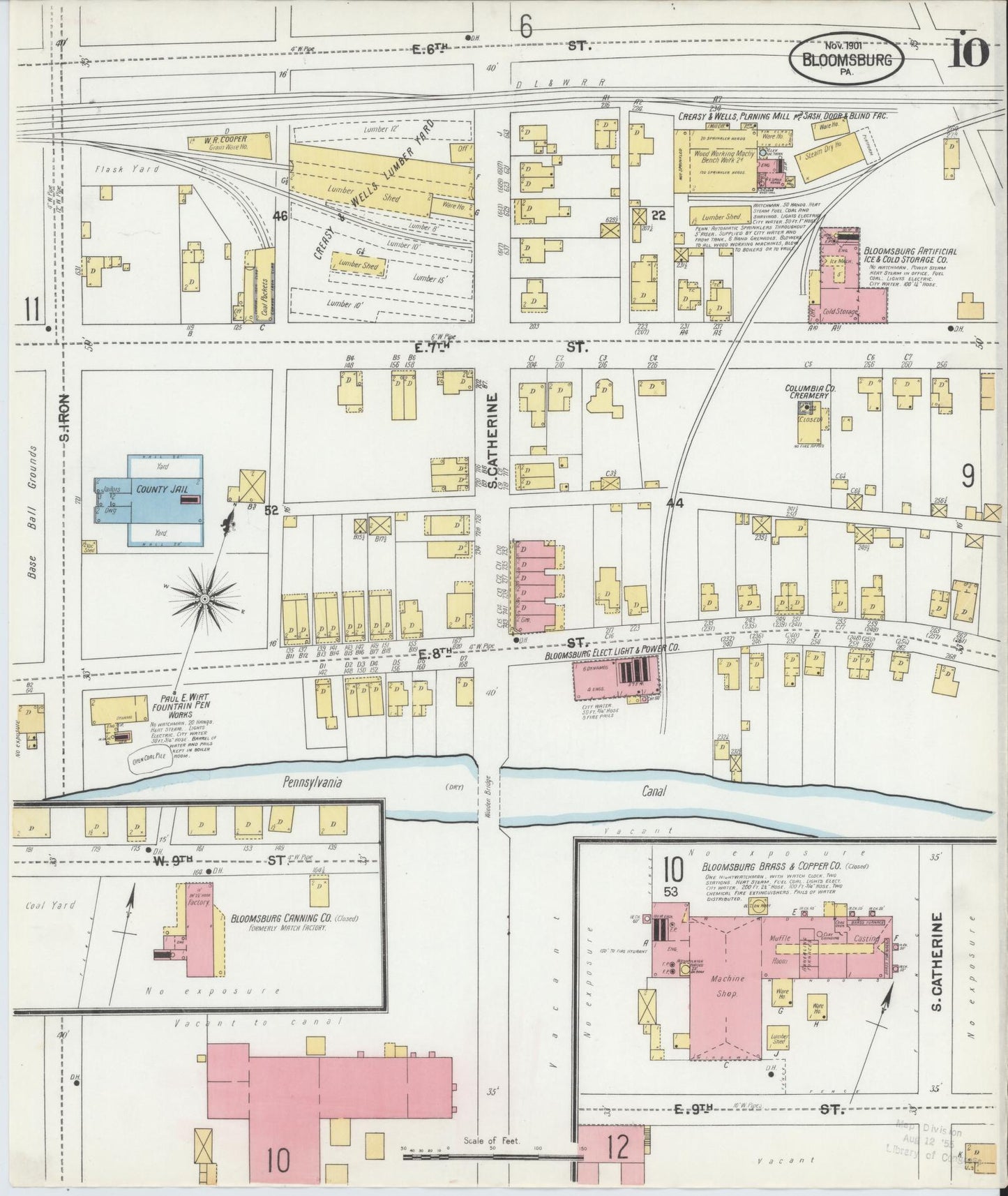 Sanborn Fire Insurance Map from Bloomsburg, Columbia County, Pennsylvania (1901), Sheet #0010 - Historic Sanborn Fire Insurance Map Print, vintage old map wall art, antique decor, genealogy gift, Pennsylvania Pennsylvania map