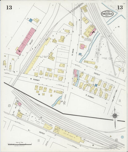 Sanborn Fire Insurance Map from Ann Arbor, Washtenaw County, Michigan (1925), Sheet #0013 - Historic Sanborn Fire Insurance Map Print, vintage old map wall art, antique decor, genealogy gift, Michigan Michigan map
