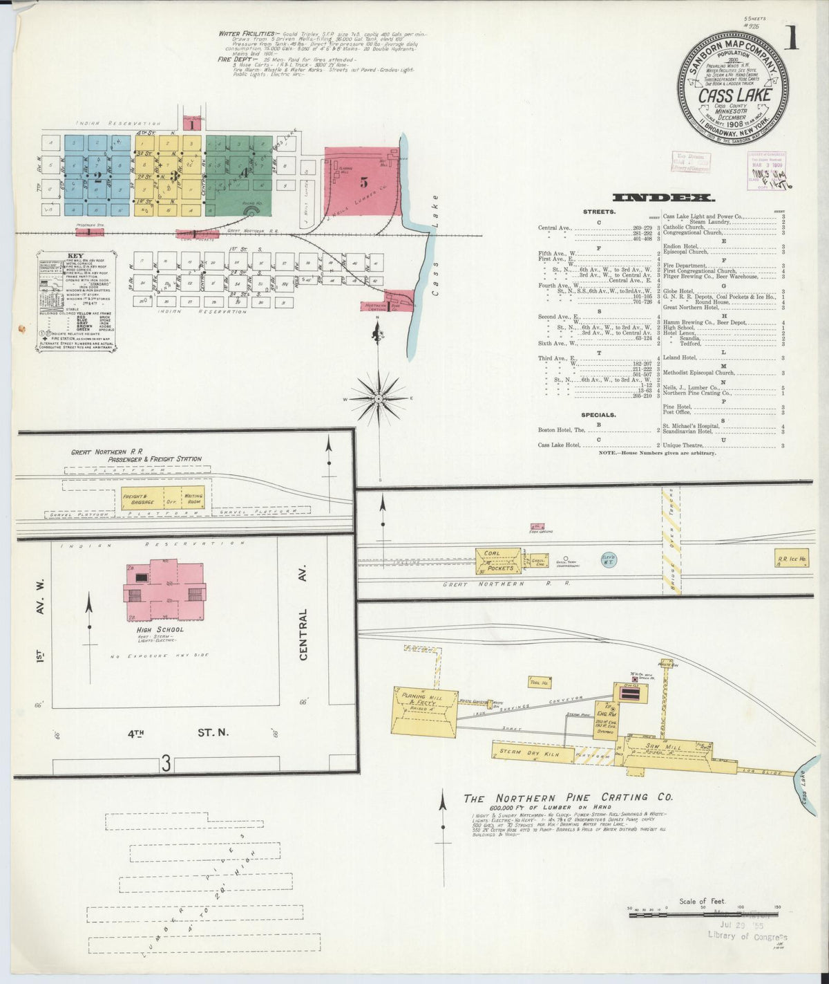 Sanborn Fire Insurance Map from Cass Lake, Cass County, Minnesota (1908), Sheet #0001 - Historic Sanborn Fire Insurance Map Print, vintage old map wall art, antique decor, genealogy gift, Minnesota Minnesota map