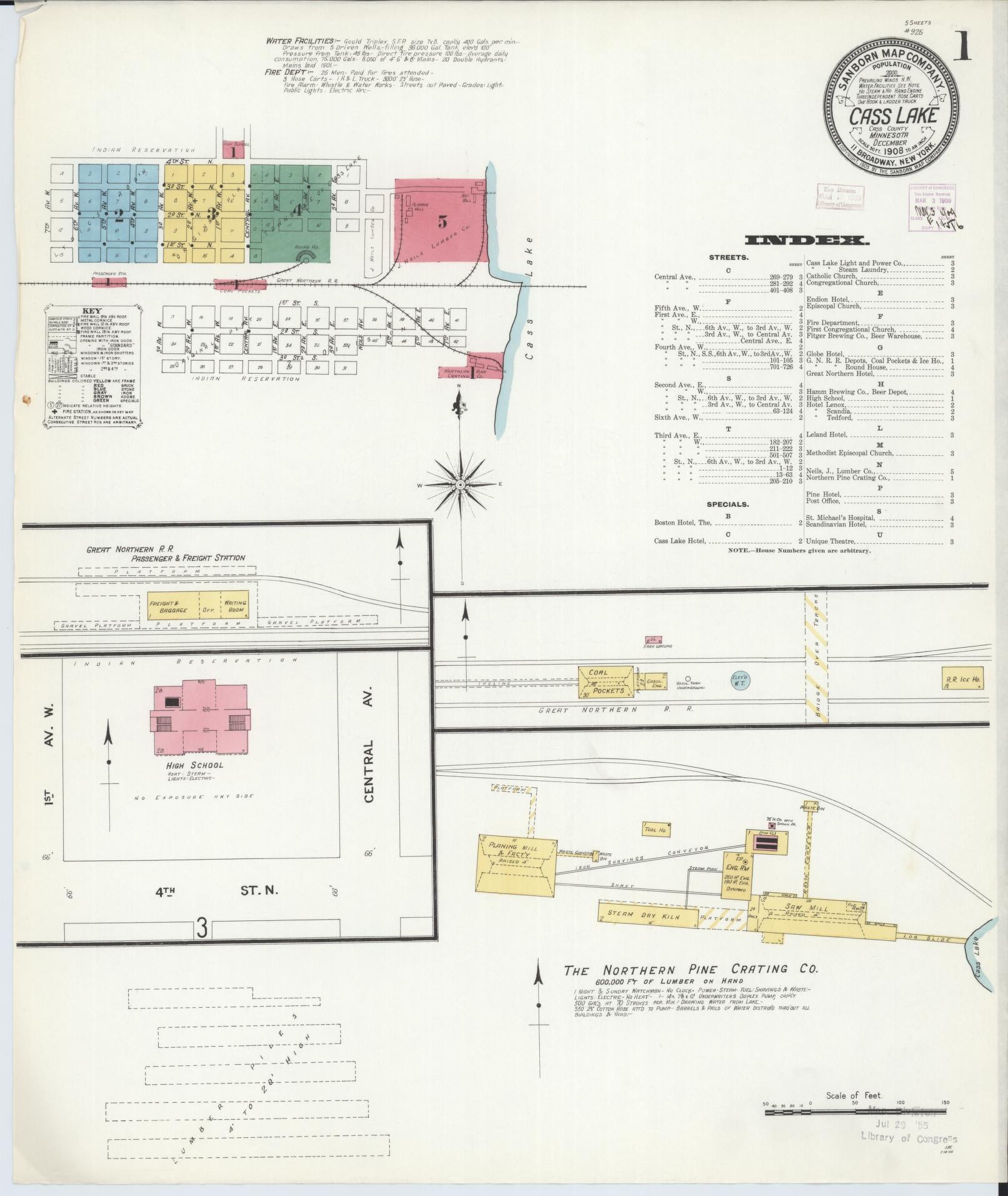 Sanborn Fire Insurance Map from Cass Lake, Cass County, Minnesota (1908), Sheet #0001 - Historic Sanborn Fire Insurance Map Print, vintage old map wall art, antique decor, genealogy gift, Minnesota Minnesota map