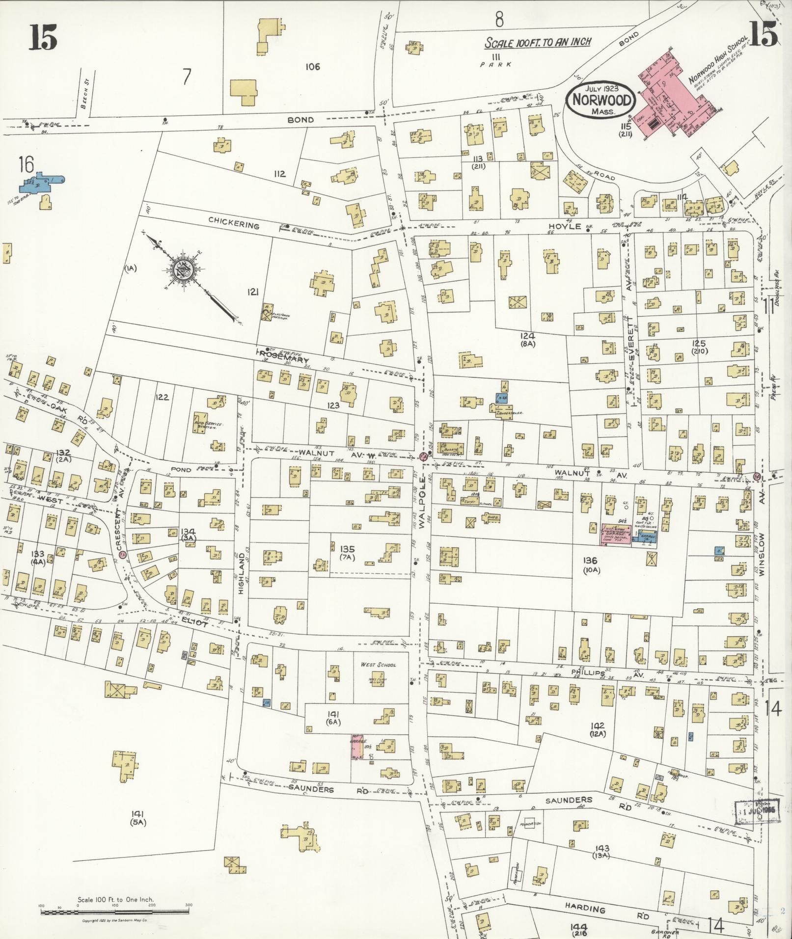 Sanborn Fire Insurance Map from Norwood, Norfolk County, Massachusetts (1923), Sheet #0015 - Complete Map Set gallery image, historic Sanborn map, vintage wall art, Massachusetts Massachusetts