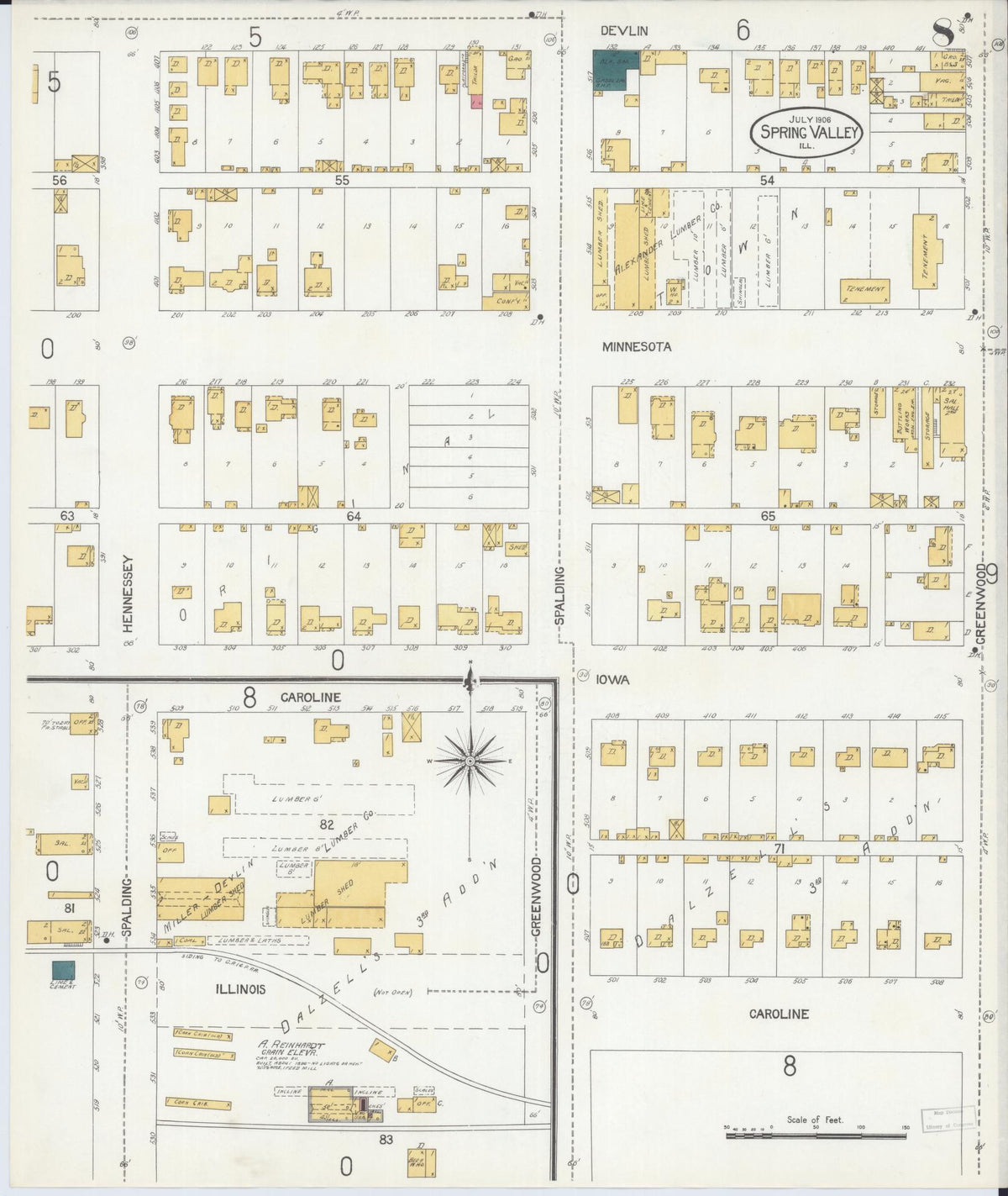 Sanborn Fire Insurance Map from Spring Valley, Bureau County, Illinois (1906), Sheet #0008 - Historic Sanborn Fire Insurance Map Print, vintage old map wall art, antique decor, genealogy gift, Illinois Illinois map