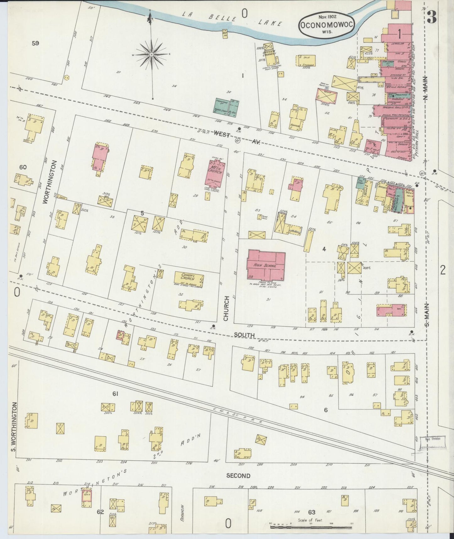 Sanborn Fire Insurance Map from Oconomowoc, Waukesha County, Wisconsin (1902), Sheet #0003 - Complete Map Set gallery image, historic Sanborn map, vintage wall art, Wisconsin Wisconsin