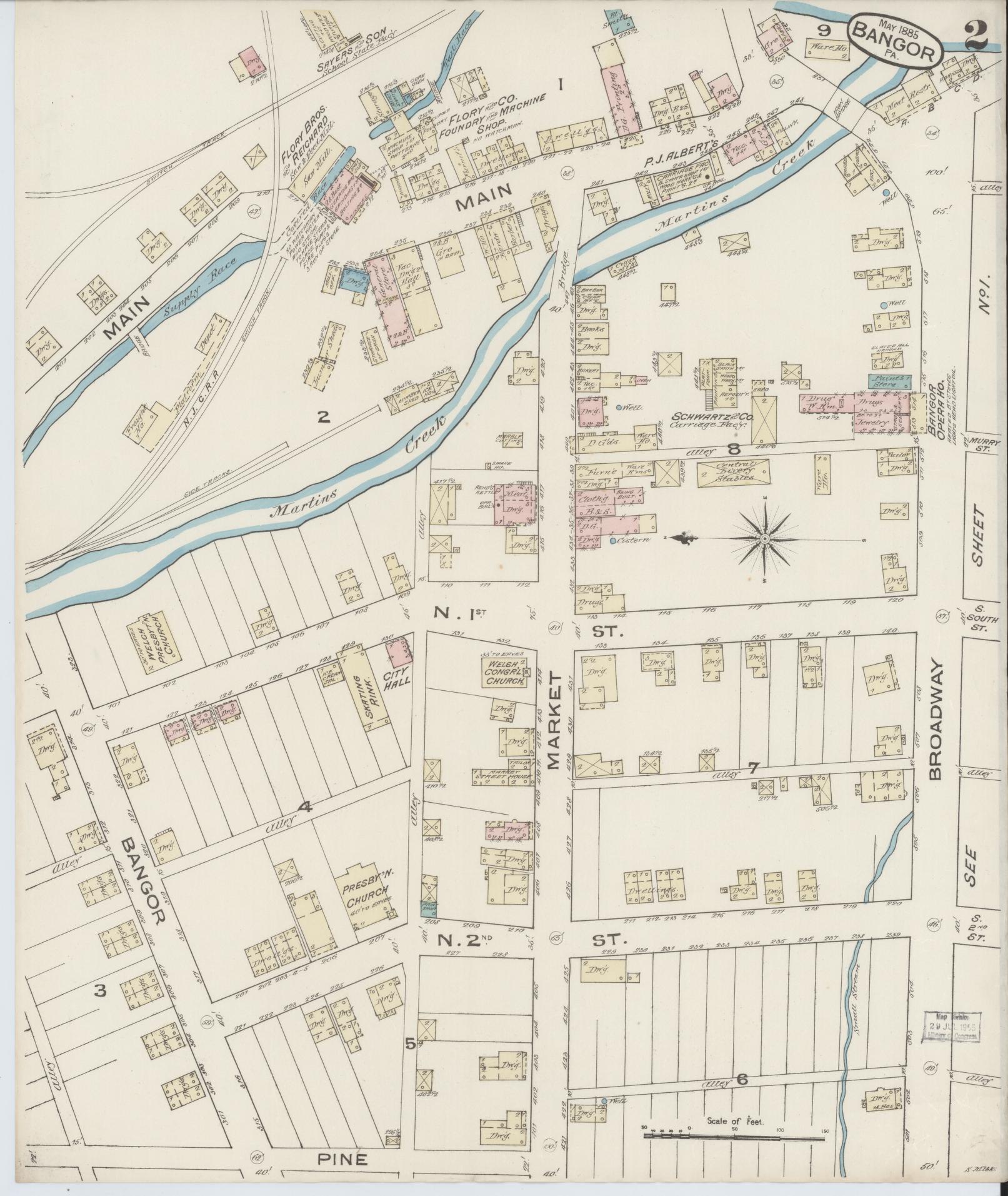 Sanborn Fire Insurance Map from Bangor, Northampton County, Pennsylvania (1885), Sheet #0002 - Historic Sanborn Fire Insurance Map Print, vintage old map wall art, antique decor, genealogy gift, Pennsylvania Pennsylvania map