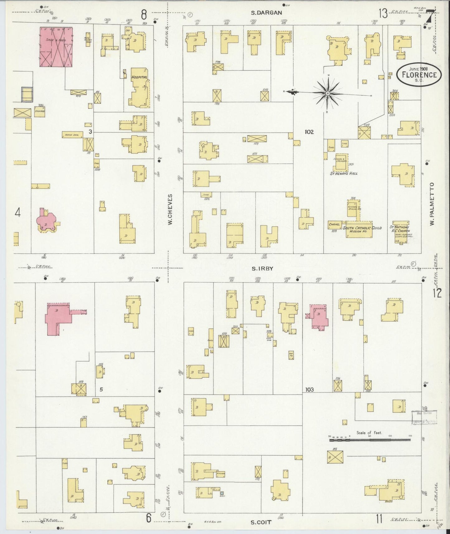 Sanborn Fire Insurance Map from Florence, Florence County, South Carolina (1908), Sheet #0007 - Complete Map Set gallery image, historic Sanborn map, vintage wall art, South Carolina South Carolina