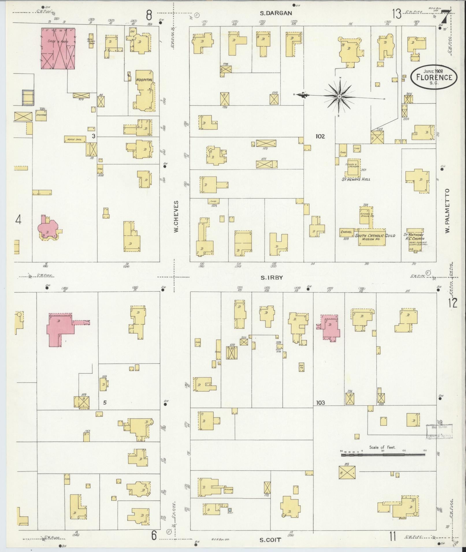 Sanborn Fire Insurance Map from Florence, Florence County, South Carolina (1908), Sheet #0007 - Complete Map Set gallery image, historic Sanborn map, vintage wall art, South Carolina South Carolina