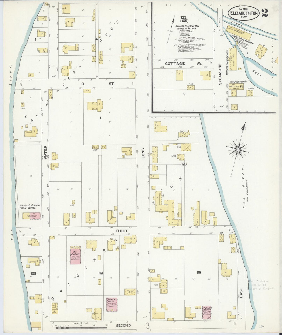 Sanborn Fire Insurance Map from Elizabethton, Carter County, Tennessee (1908), Sheet #0002 - Historic Sanborn Fire Insurance Map Print, vintage old map wall art, antique decor, genealogy gift, Tennessee Tennessee map