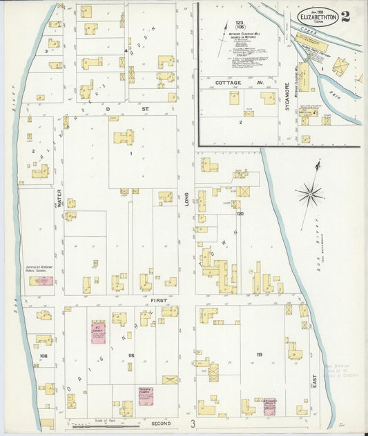 Sanborn Fire Insurance Map from Elizabethton, Carter County, Tennessee (1908), Sheet #0002 - Historic Sanborn Fire Insurance Map Print, vintage old map wall art, antique decor, genealogy gift, Tennessee Tennessee map