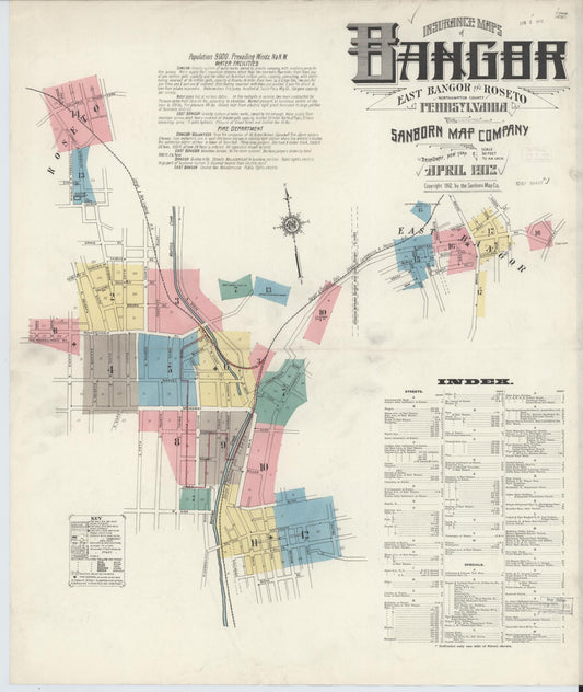 Sanborn Fire Insurance Map from Bangor, Northampton County, Pennsylvania (1912), Sheet #0001 - Historic Sanborn Fire Insurance Map Print, vintage old map wall art, antique decor, genealogy gift, Pennsylvania Pennsylvania map