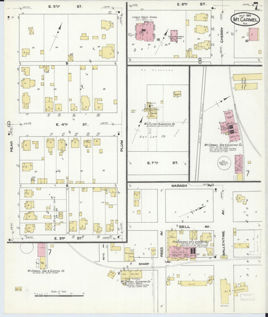 Sanborn Fire Insurance Map from Mount Carmel, Wabash County, Illinois (1910), Sheet #0007 - Historic Sanborn Fire Insurance Map Print, vintage old map wall art, antique decor, genealogy gift, Illinois Illinois map