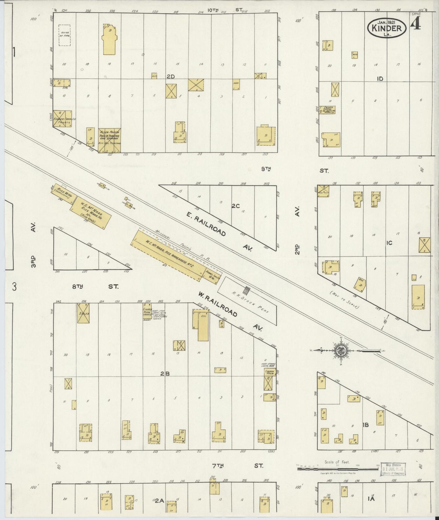 Sanborn Fire Insurance Map from Kinder, Allen Parish, Louisiana (1921), Sheet #0004 - Historic Sanborn Fire Insurance Map Print, vintage old map wall art, antique decor, genealogy gift, Louisiana Louisiana map