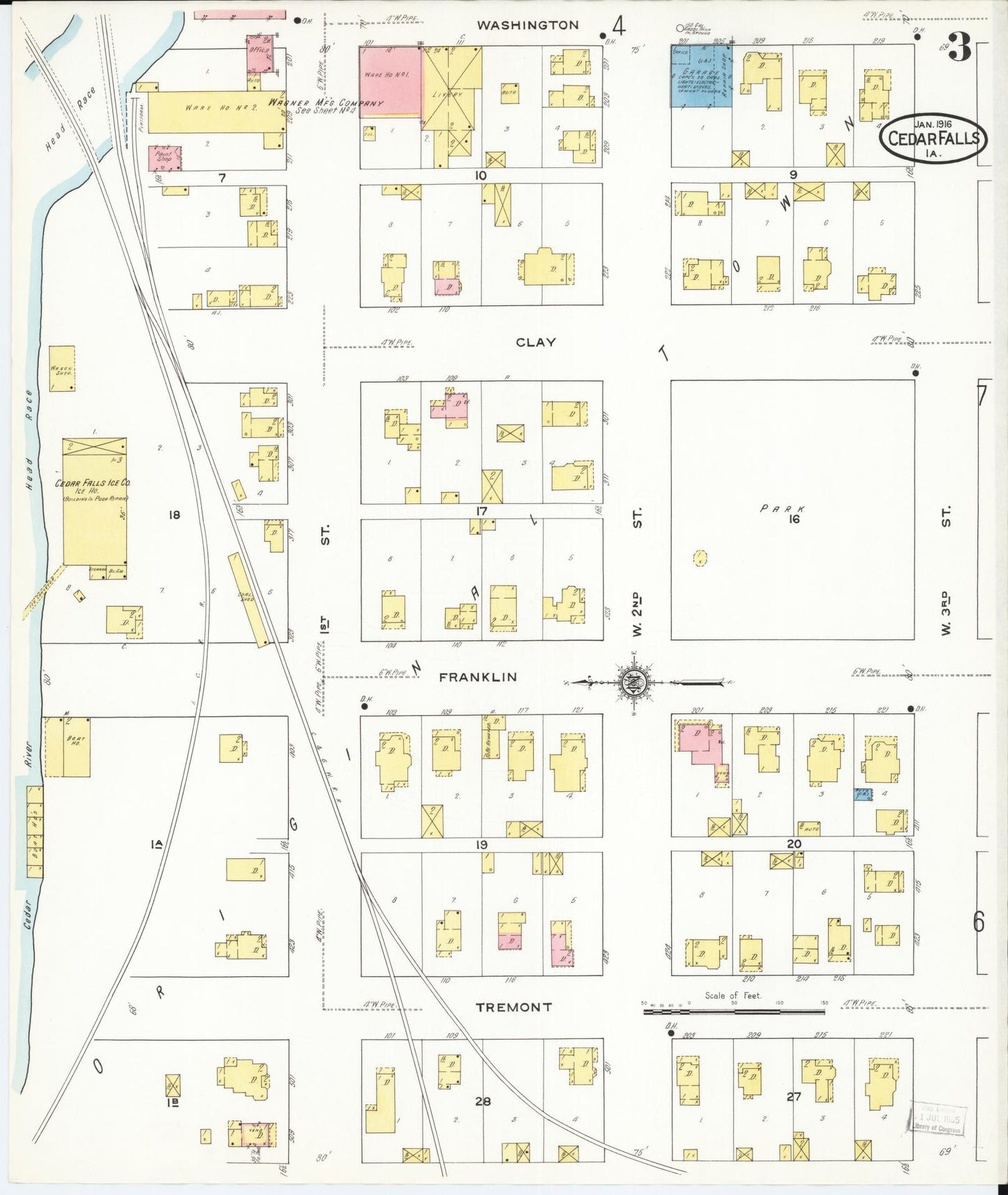Sanborn Fire Insurance Map from Cedar Falls, Black Hawk County, Iowa (1916), Sheet #0003 - Historic Sanborn Fire Insurance Map Print, vintage old map wall art