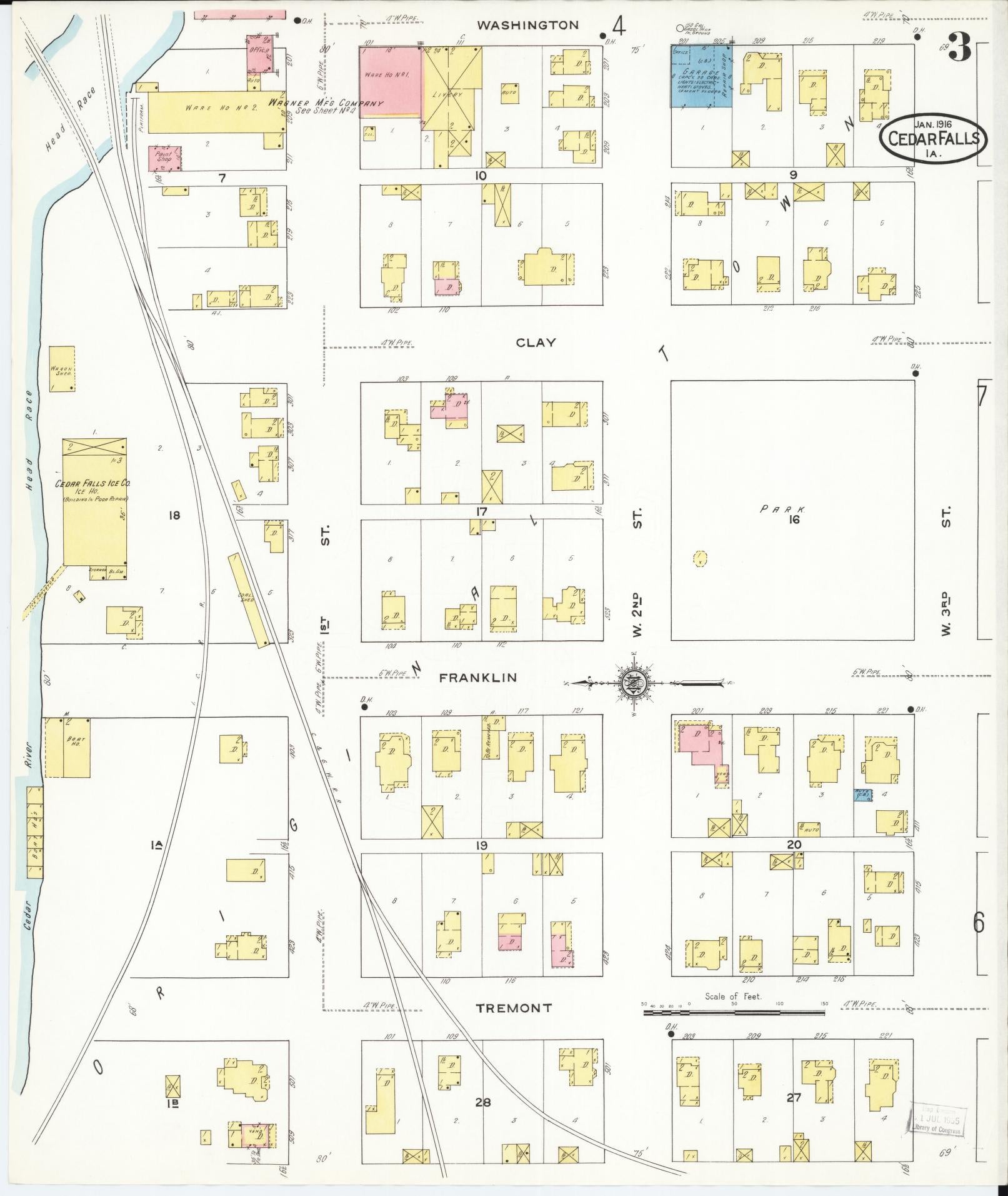 Sanborn Fire Insurance Map from Cedar Falls, Black Hawk County, Iowa (1916), Sheet #0003 - Historic Sanborn Fire Insurance Map Print, vintage old map wall art