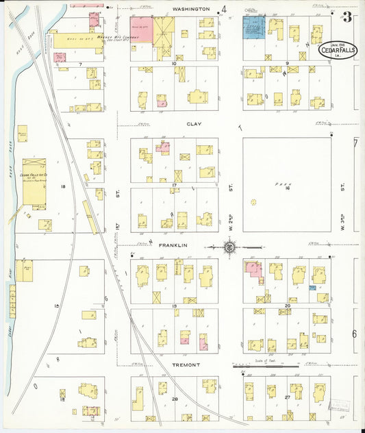Sanborn Fire Insurance Map from Cedar Falls, Black Hawk County, Iowa (1916), Sheet #0003 - Historic Sanborn Fire Insurance Map Print, vintage old map wall art