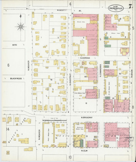 Sanborn Fire Insurance Map from Gainesville, Cooke County, Texas (1902), Sheet #0007 - Historic Sanborn Fire Insurance Map Print, vintage old map wall art, antique decor, genealogy gift, Texas Texas map