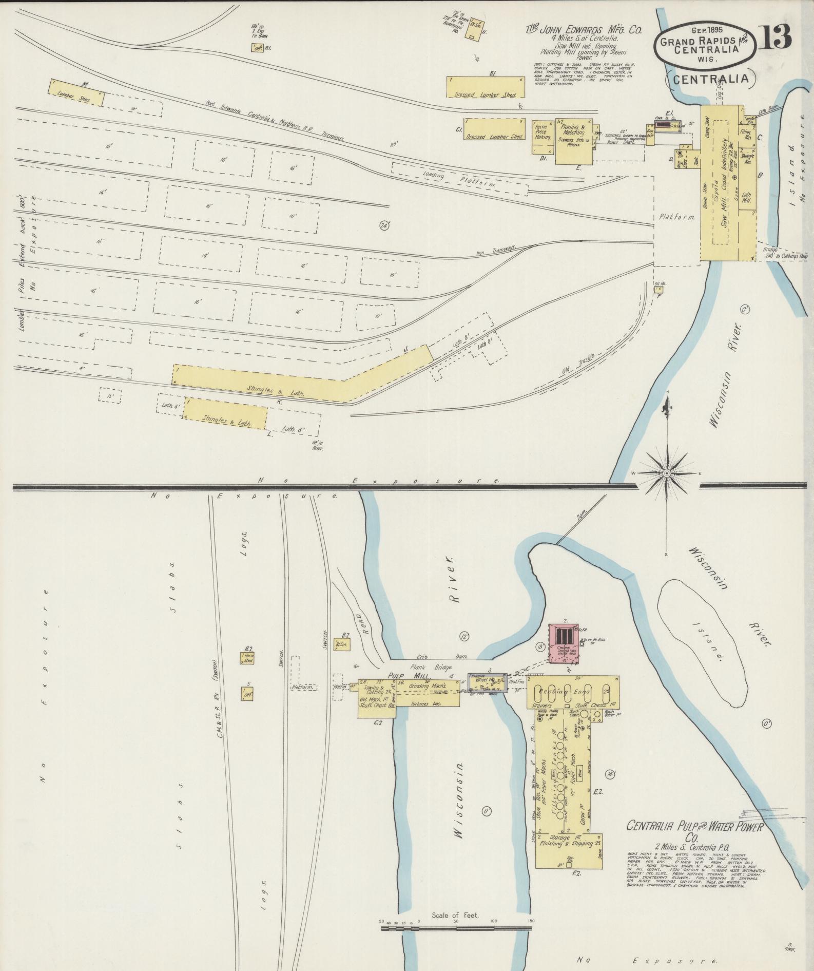 Sanborn Fire Insurance Map from Grand Rapids, Wood County, Wisconsin (1895), Sheet #0013 - Historic Sanborn Fire Insurance Map Print, vintage old map wall art, antique decor, genealogy gift, Wisconsin Wisconsin map