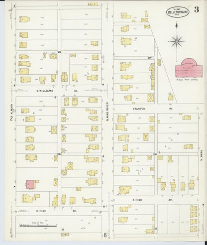 Sanborn Fire Insurance Map from Bellefontaine, Logan County, Ohio (1907), Sheet #0003 - Complete Map Set gallery image, historic Sanborn map, vintage wall art, Ohio Ohio
