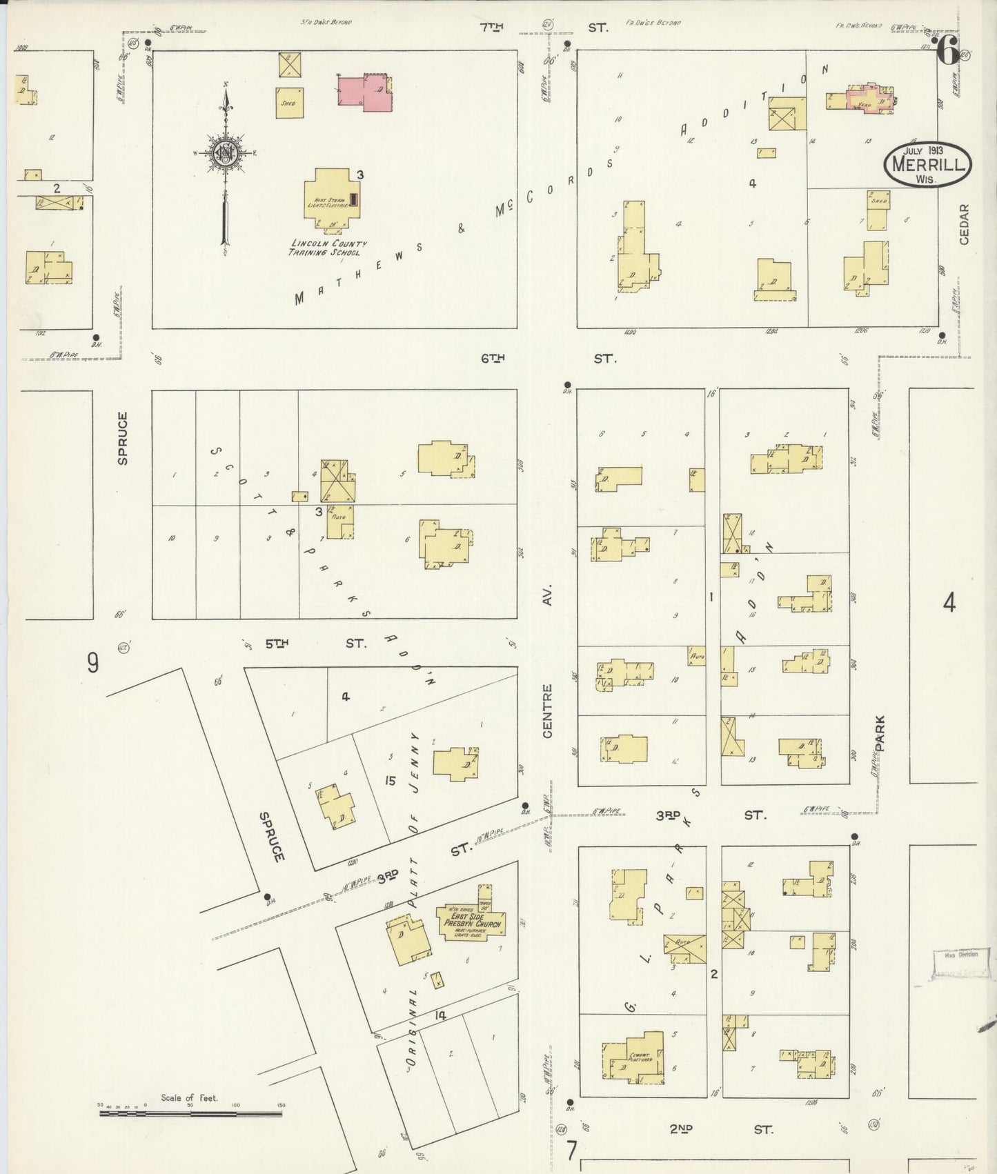 Sanborn Fire Insurance Map from Merrill, Lincoln County, Wisconsin (1913), Sheet #0006 - Historic Sanborn Fire Insurance Map Print, vintage old map wall art, antique decor, genealogy gift, Wisconsin Wisconsin map