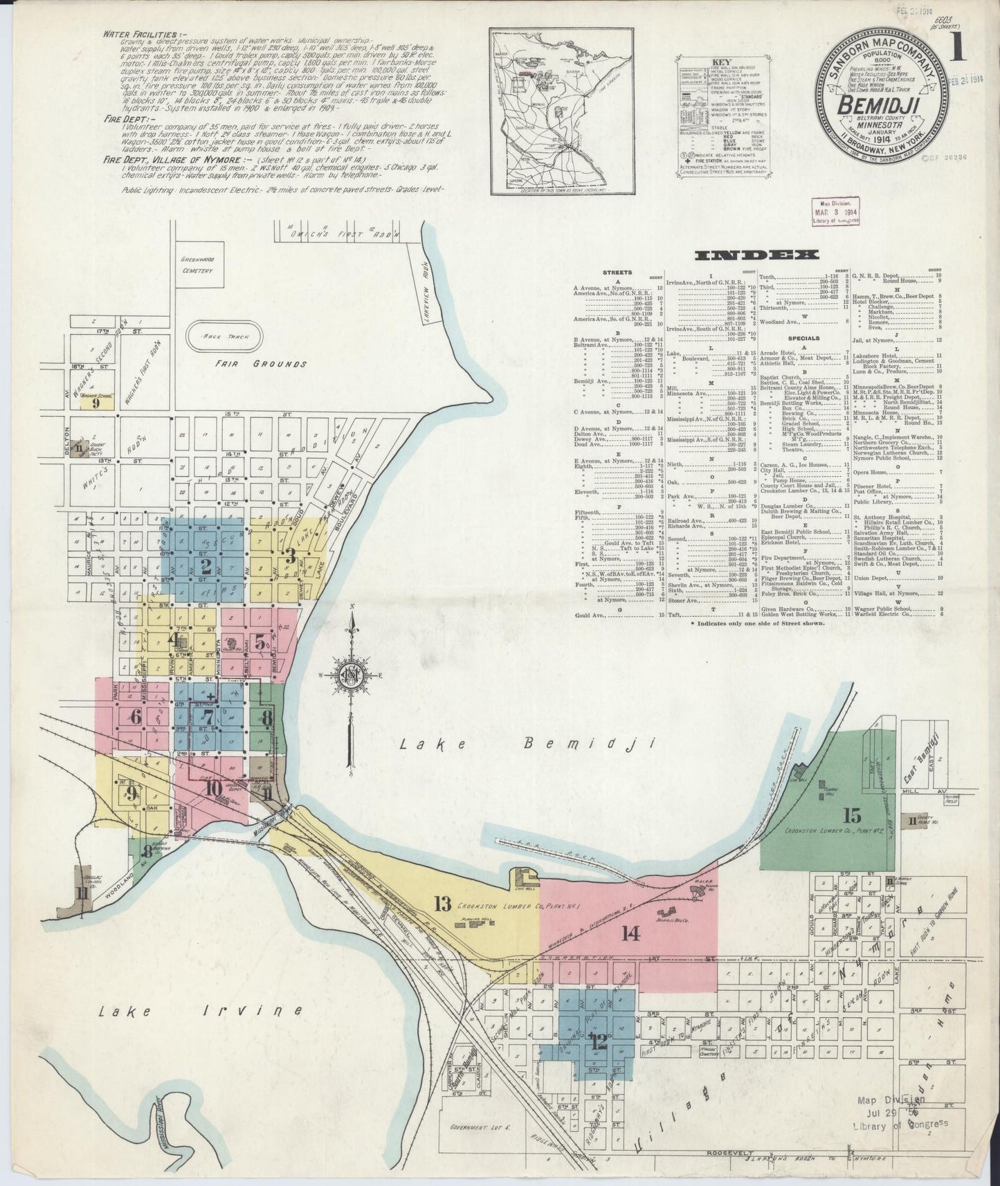 Sanborn Fire Insurance Map from Bemidji, Beltrami County, Minnesota (1914), Sheet #0001 - Historic Sanborn Fire Insurance Map Print, vintage old map wall art, antique decor, genealogy gift, Minnesota Minnesota map