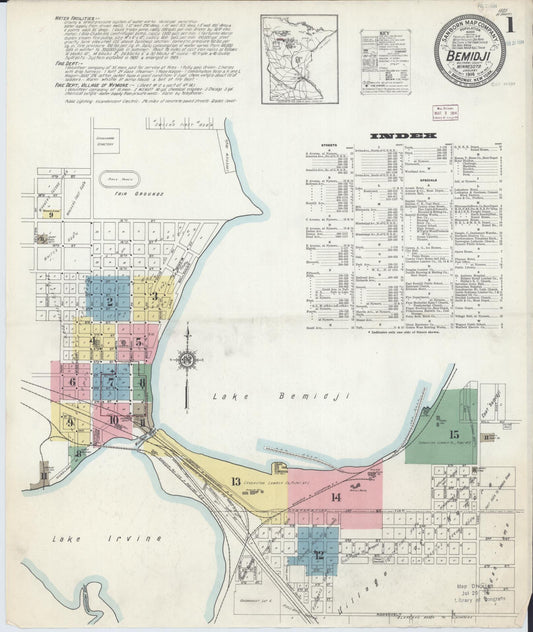 Sanborn Fire Insurance Map from Bemidji, Beltrami County, Minnesota (1914), Sheet #0001 - Historic Sanborn Fire Insurance Map Print, vintage old map wall art, antique decor, genealogy gift, Minnesota Minnesota map