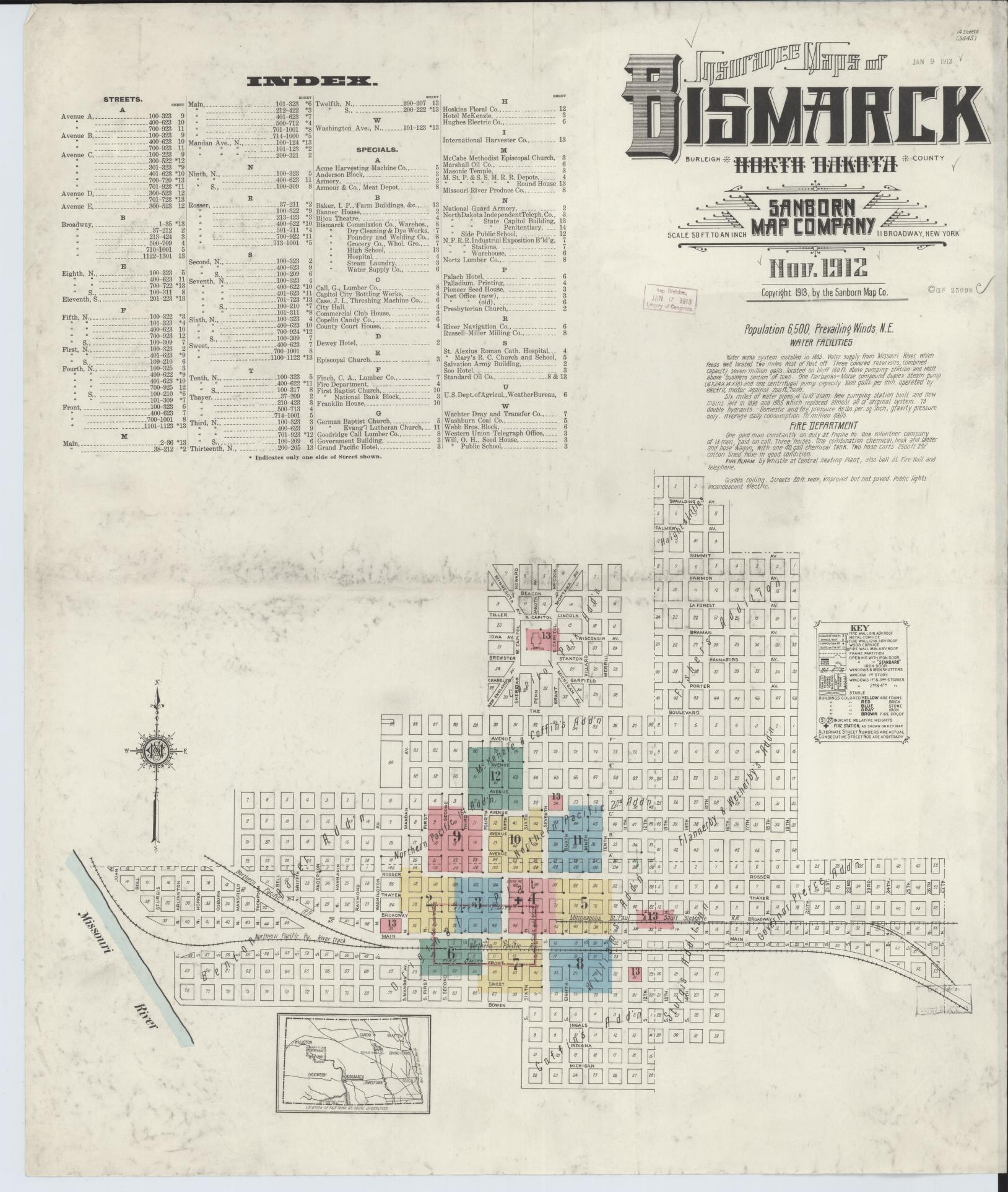 Sanborn Fire Insurance Map from Bismarck, Burleigh County, North Dakota (1912), Sheet #0001 - Historic Sanborn Fire Insurance Map Print, vintage old map wall art, antique decor, genealogy gift, North Dakota North Dakota map