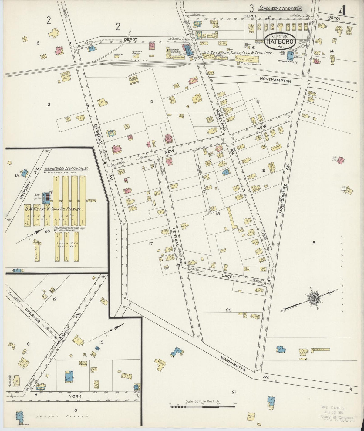 Sanborn Fire Insurance Map from Hatboro, Montgomery County, Pennsylvania (1915), Sheet #0004 - Historic Sanborn Fire Insurance Map Print, vintage old map wall art, antique decor, genealogy gift, Pennsylvania Pennsylvania map