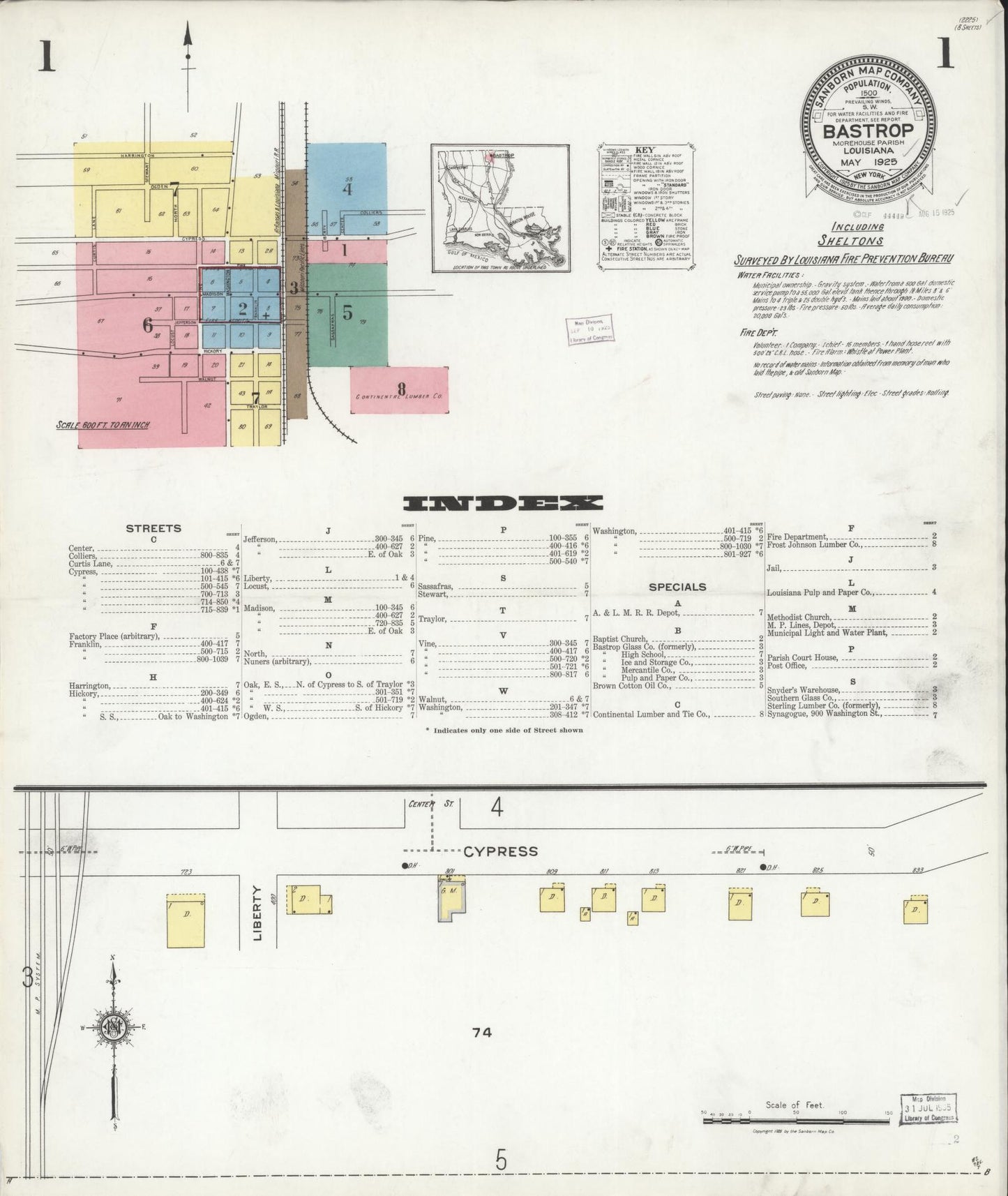 Sanborn Fire Insurance Map from Bastrop, Morehouse Parish, Louisiana (1925), Sheet #0001 - Complete Map Set gallery image, historic Sanborn map, vintage wall art, Louisiana Louisiana