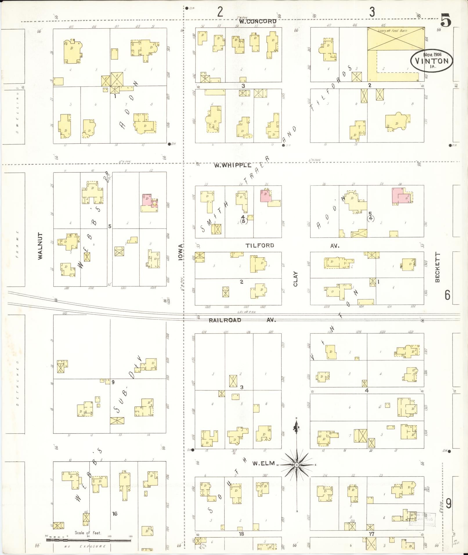 Sanborn Fire Insurance Map from Vinton, Benton County, Iowa (1906), Sheet #0005 - Historic Sanborn Fire Insurance Map Print, vintage old map wall art