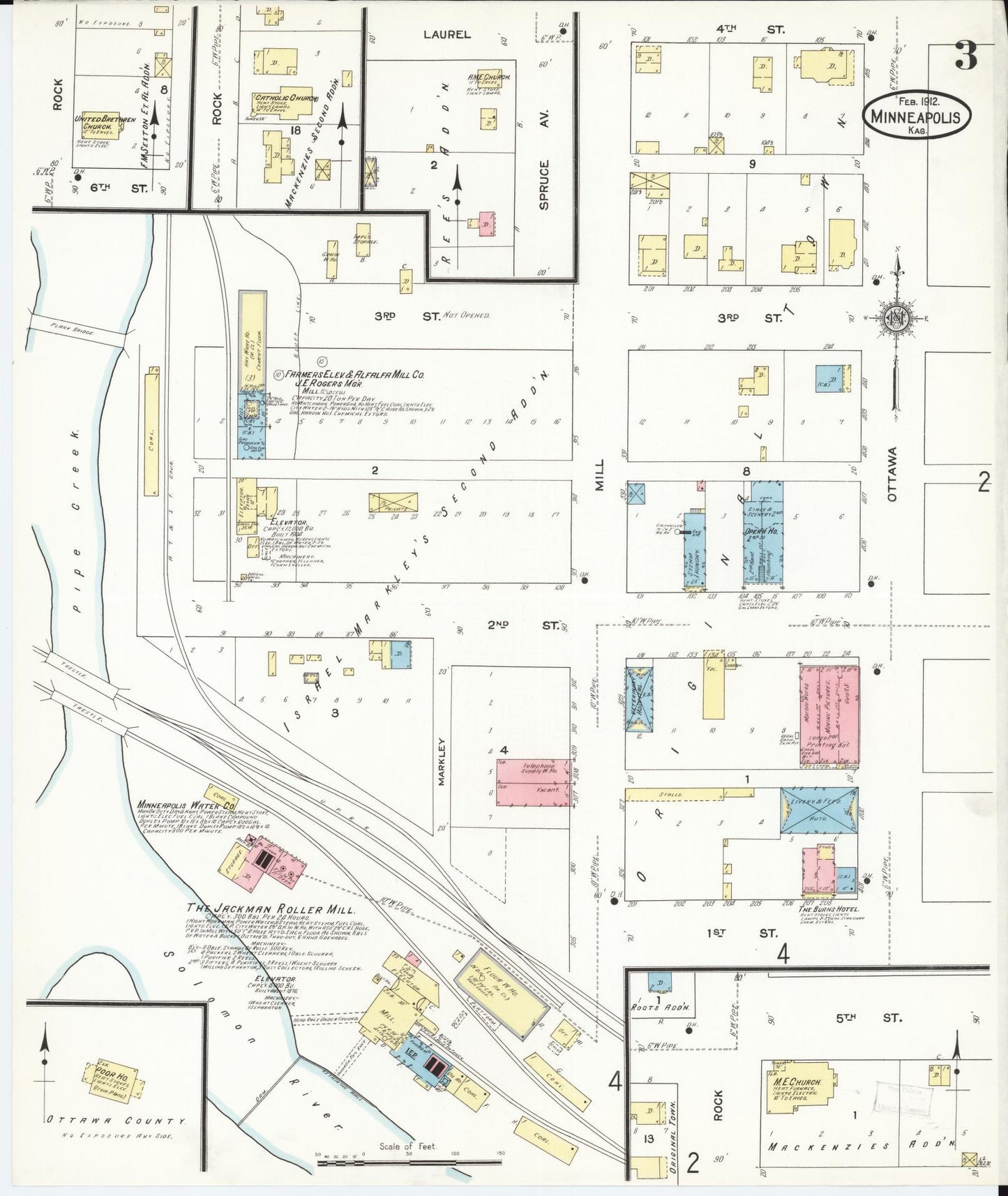 Sanborn Fire Insurance Map from Minneapolis, Ottawa  County, Kansas (1912), Sheet #0003 - Complete Map Set gallery image, historic Sanborn map, vintage wall art, Kansas Kansas