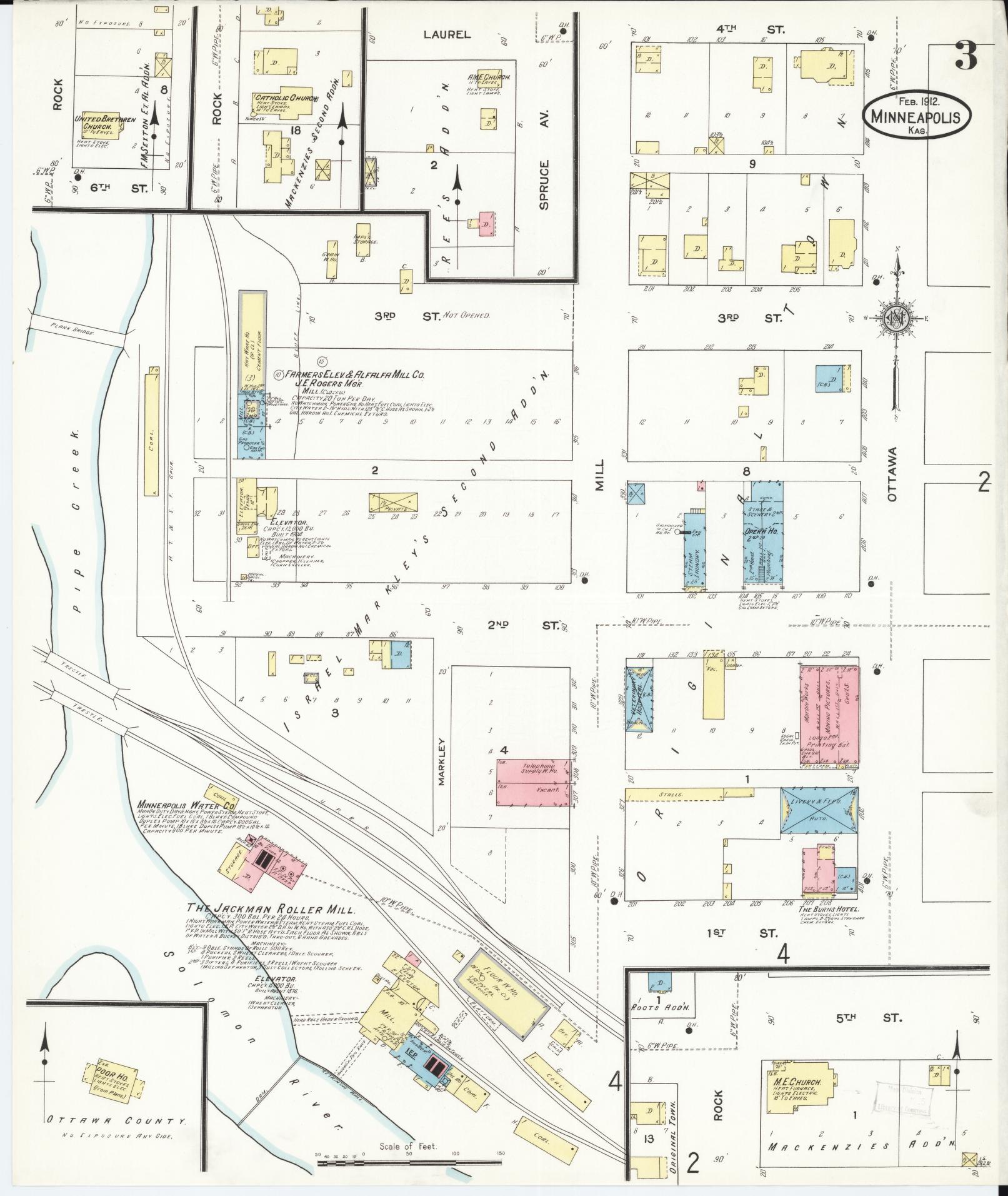 Sanborn Fire Insurance Map from Minneapolis, Ottawa  County, Kansas (1912), Sheet #0003 - Complete Map Set gallery image, historic Sanborn map, vintage wall art, Kansas Kansas