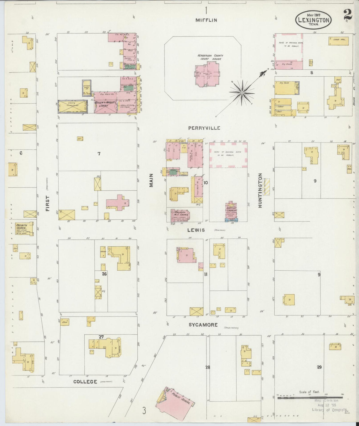 Sanborn Fire Insurance Map from Lexington, Henderson County, Tennessee (1907), Sheet #0002 - Complete Map Set gallery image, historic Sanborn map, vintage wall art, Tennessee Tennessee