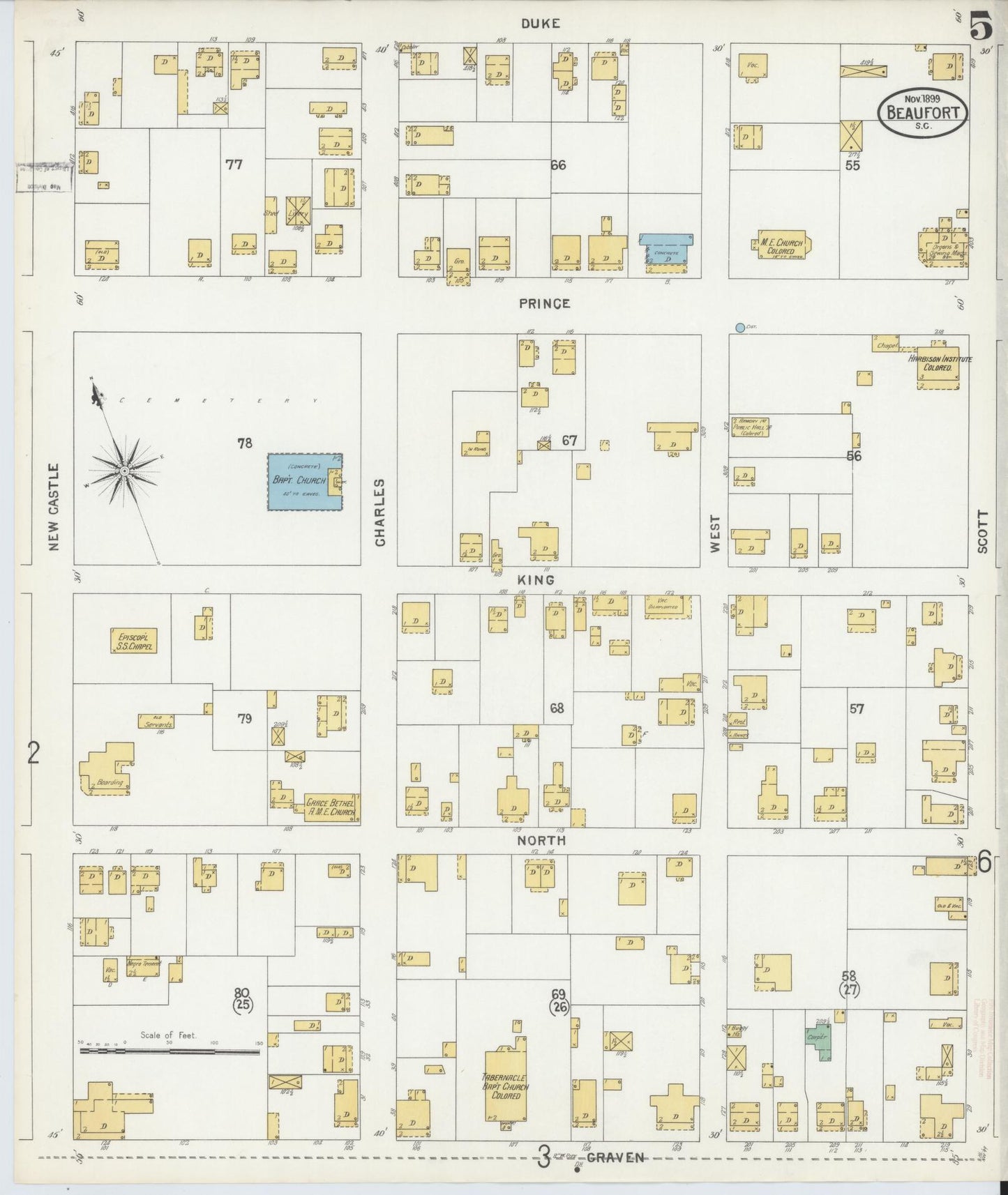 Sanborn Fire Insurance Map from Beaufort, Beaufort County, South Carolina (1899), Sheet #0005 - Historic Sanborn Fire Insurance Map Print, vintage old map wall art, antique decor, genealogy gift, South Carolina South Carolina map
