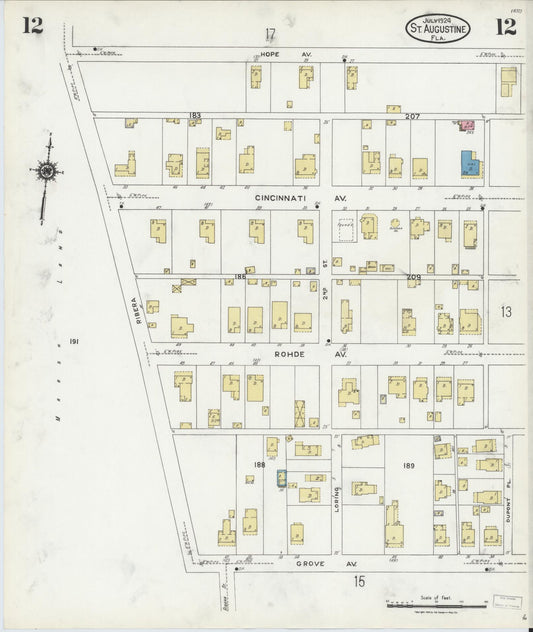 Sanborn Fire Insurance Map from Saint Augustine, Saint John's County, Florida (1924), Sheet #0012 - Historic Sanborn Fire Insurance Map Print, vintage old map wall art, antique decor, genealogy gift, Florida Florida map