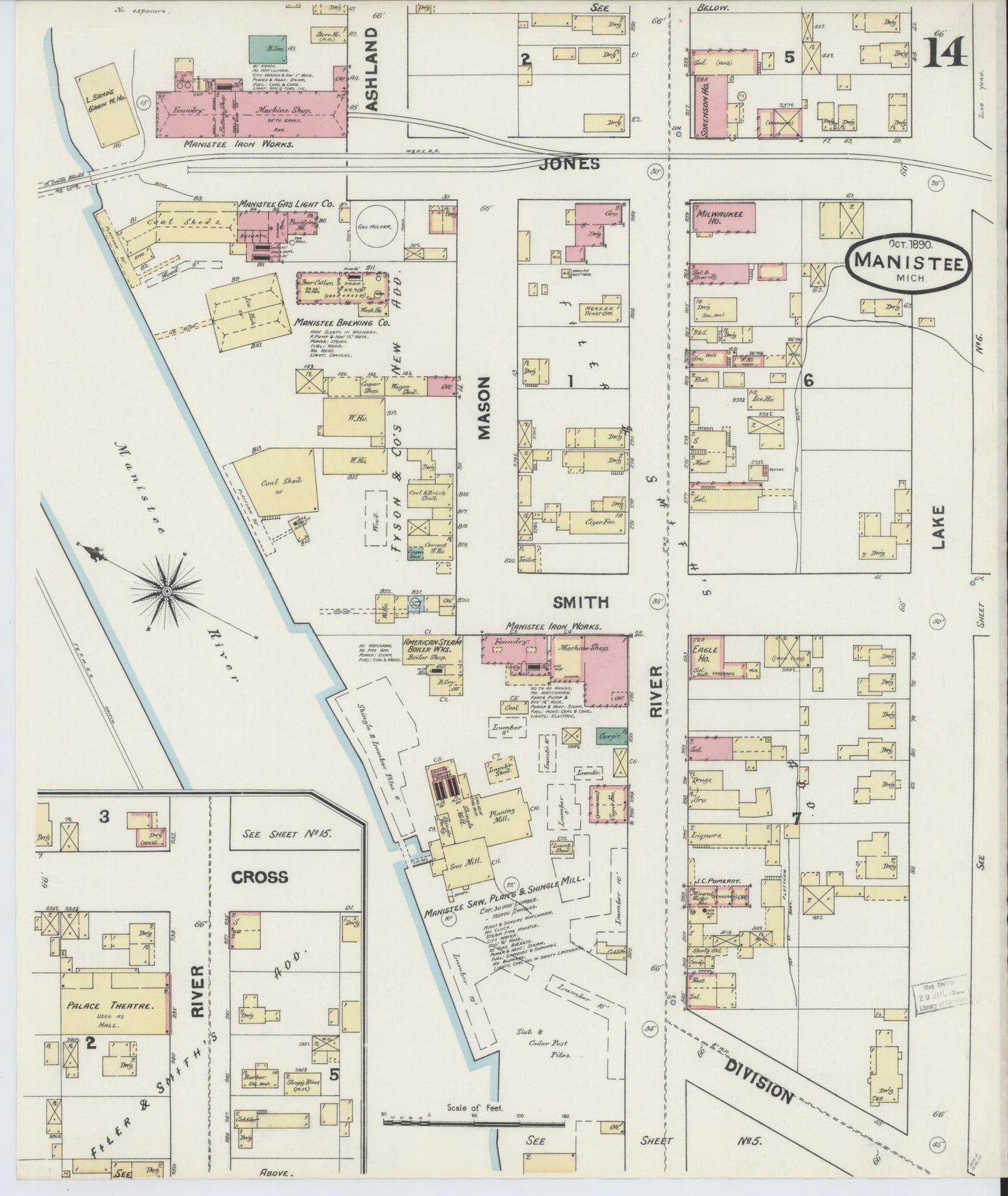 Sanborn Fire Insurance Map from Manistee, Manistee County, Michigan (1890), Sheet #0014 - Historic Sanborn Fire Insurance Map Print, vintage old map wall art, antique decor, genealogy gift, Michigan Michigan map